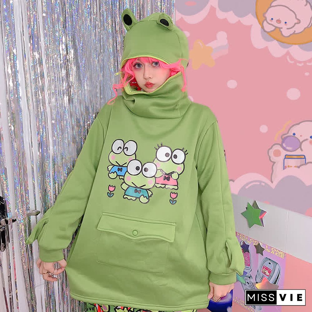 Cartoon Frog Print Pocket Plush Zipper Hoodie