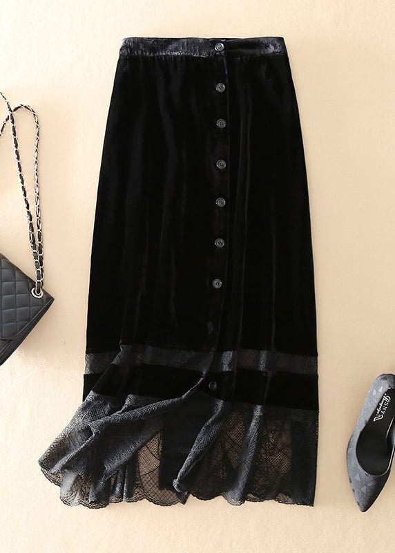 Fine Black Patchwork Button Silk Velour Skirts Spring CK1612- Fabulory
