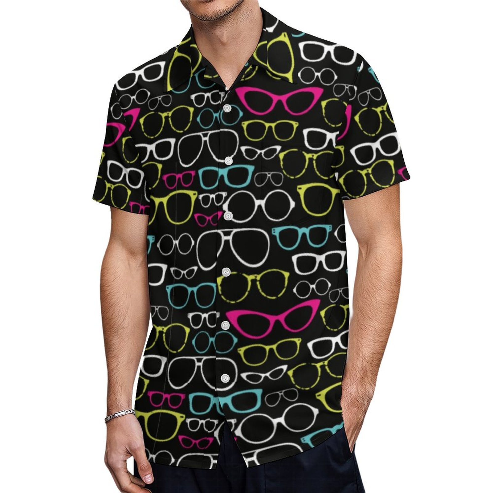 Glasses Spectacles Patterned Black Hawaiian Shirt Mens Button Down Plus Size Tropical Hawaii Beach Shirts