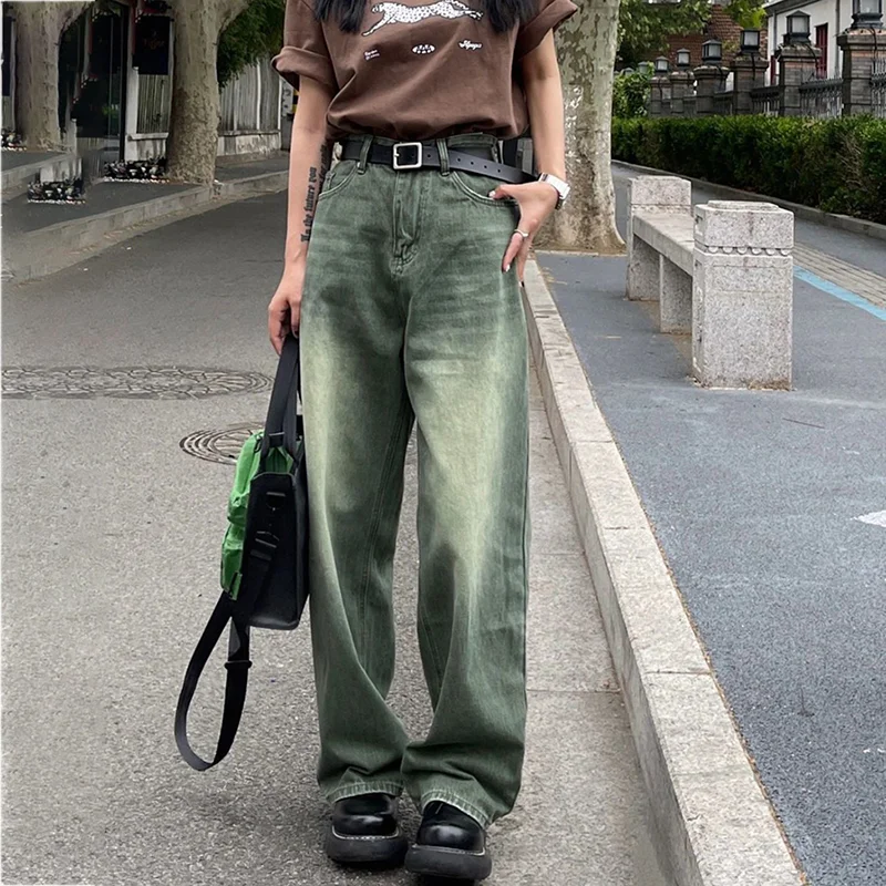 Zingj Streetwear Retro Vintage Harajuku Straight High Waist Oversize Denim Pants Trousers Grunge Green Jeans for Women Alt Clothes