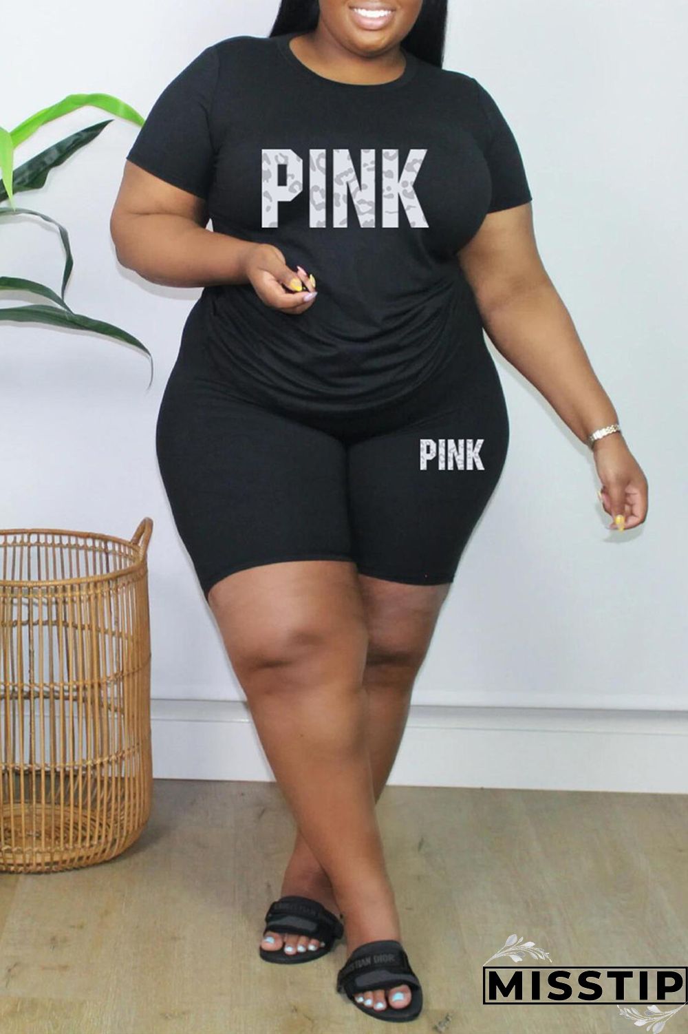 Black Fashion Casual Letter Print Basic O Neck Plus Size Two Pieces