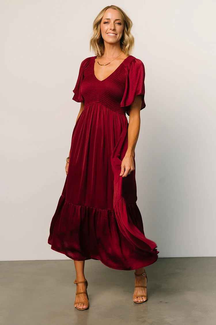 Smocked Floral Midi Dress - Wine