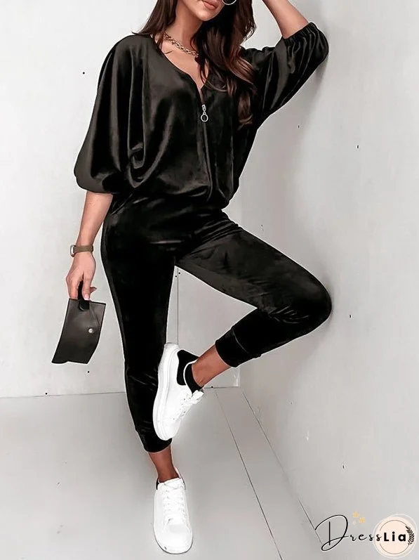 Women's Sets Zipper Solid Color Casual Gold Velvet Long Sleeve Set