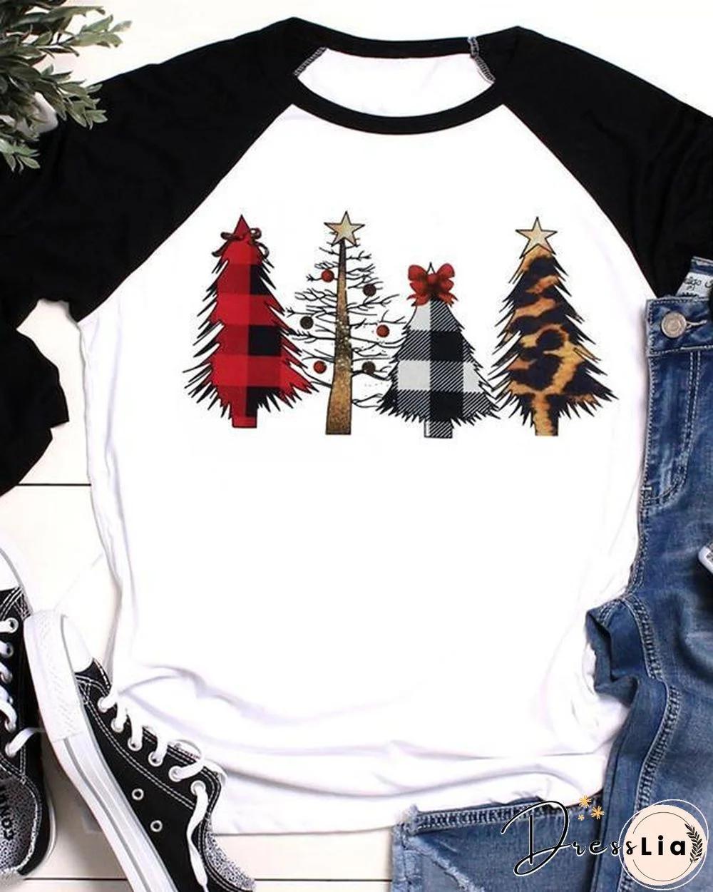 Christmas Tree Leopard Printed Baseball T-Shirt Tee