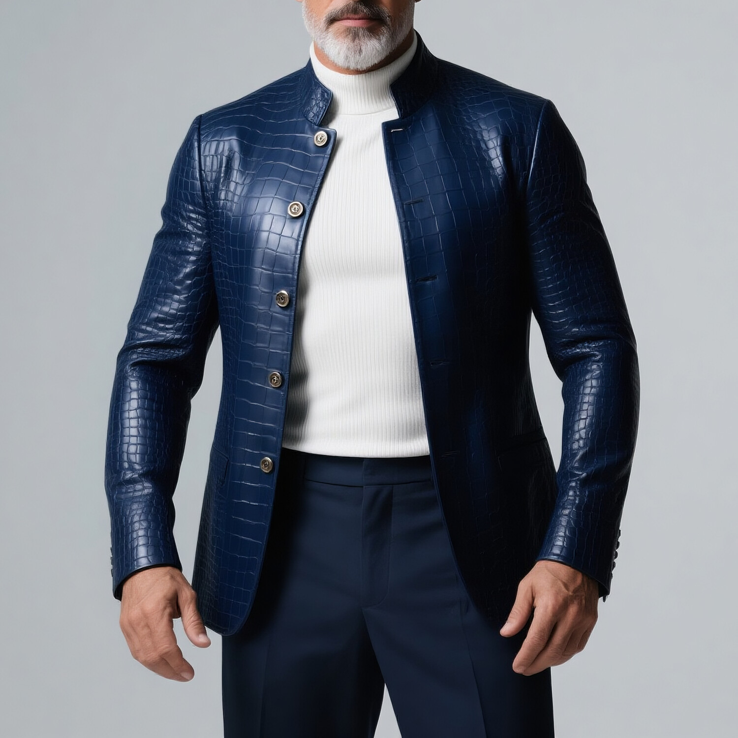 Men's Crocodile PU Leather Stand Collar Long Sleeve Single Breasted Jacket