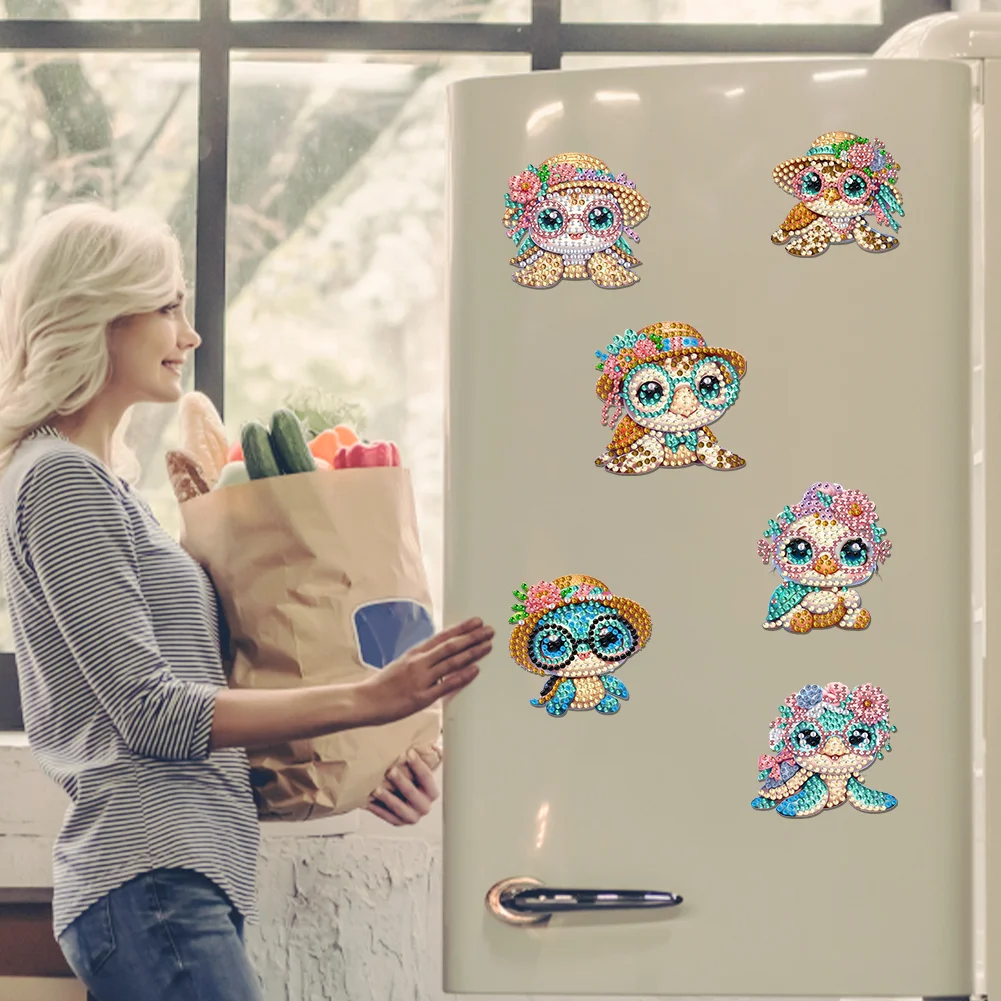 6Pcs Acrylic Summer Beach Turtle DIY Diamond Art Refrigerator Magnets Sticker