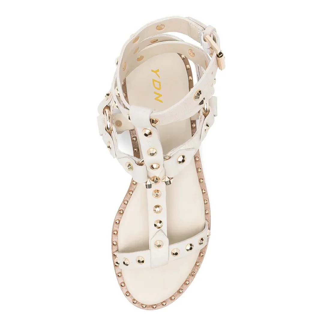 White Faux Leather Flat Studded Cross Strap Gladiator Sandals