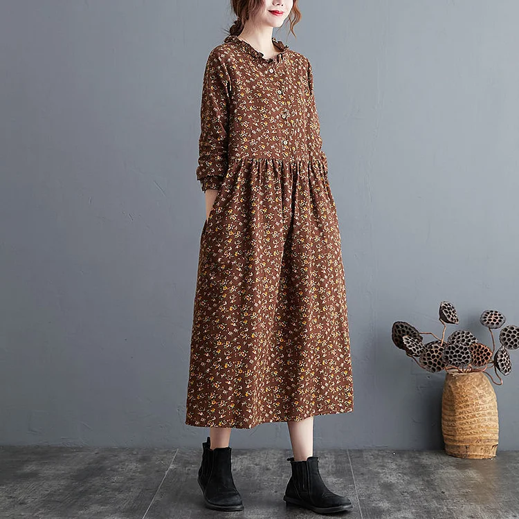 Retro Floral Wood Ear Collar Midi Dress - yankia