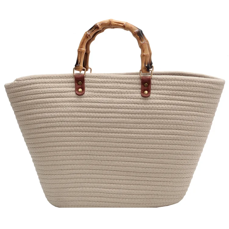 Fashion Beach Bags Bamboo Handle Cotton Woven Tote Striped Exquisite for Travel