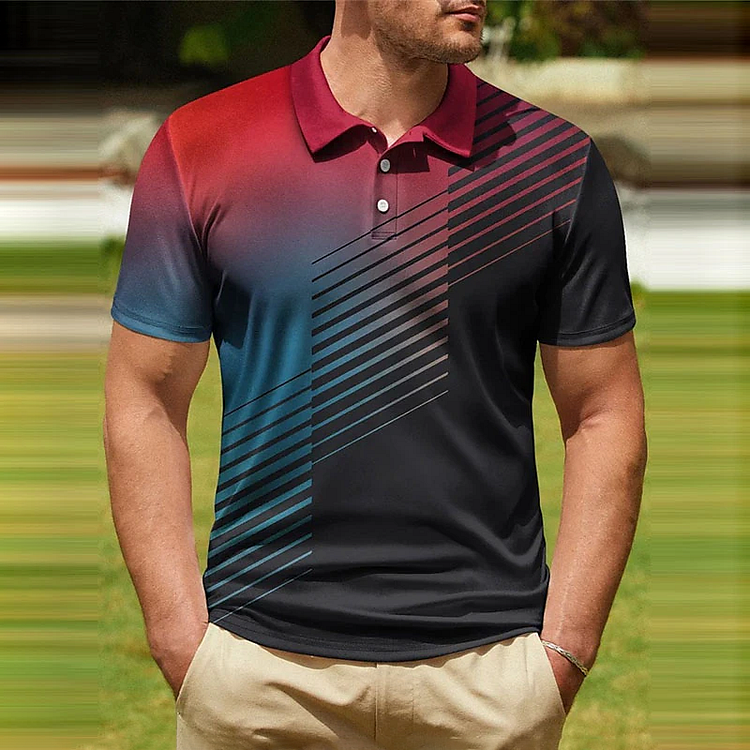 BrosWear Irregular Geometric Lines Contrasting Colors Polo Shirt