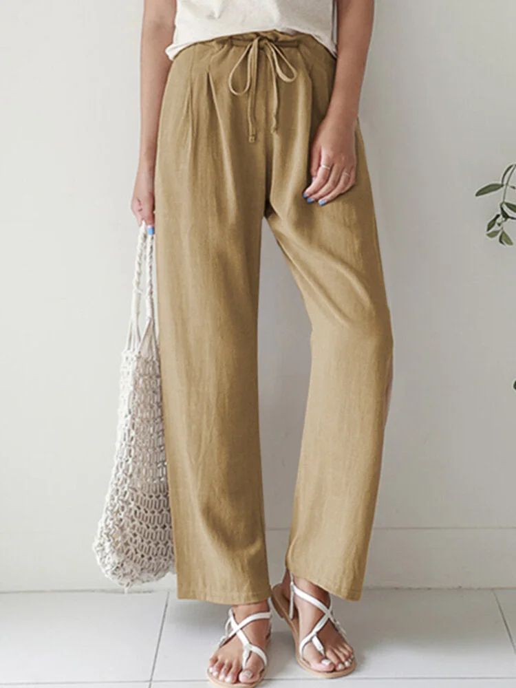 New Casual Ladies Solid Color Straight Leg Elastic Waist Cotton Linen Pants Women's Clothing socialshop
