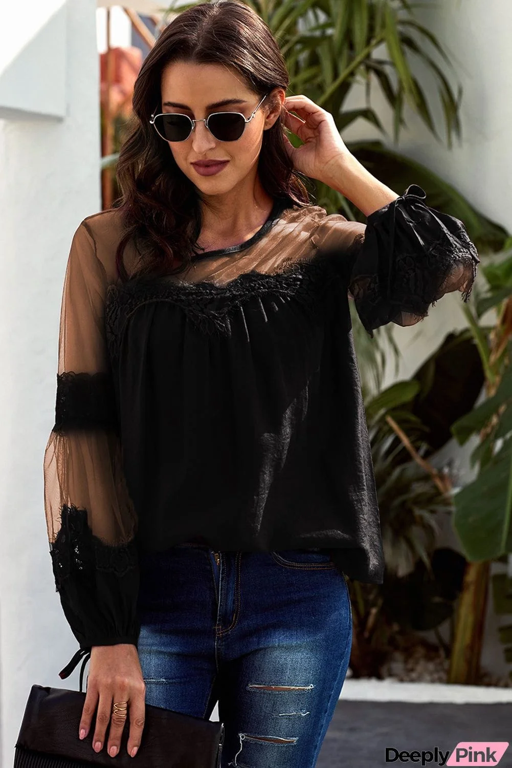 Tied Spliced Mesh Bubble Sleeve Blouse