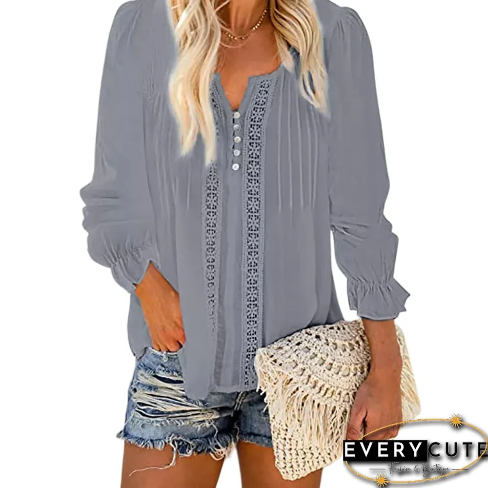 Gray Hollow Out Long Sleeve Blouse