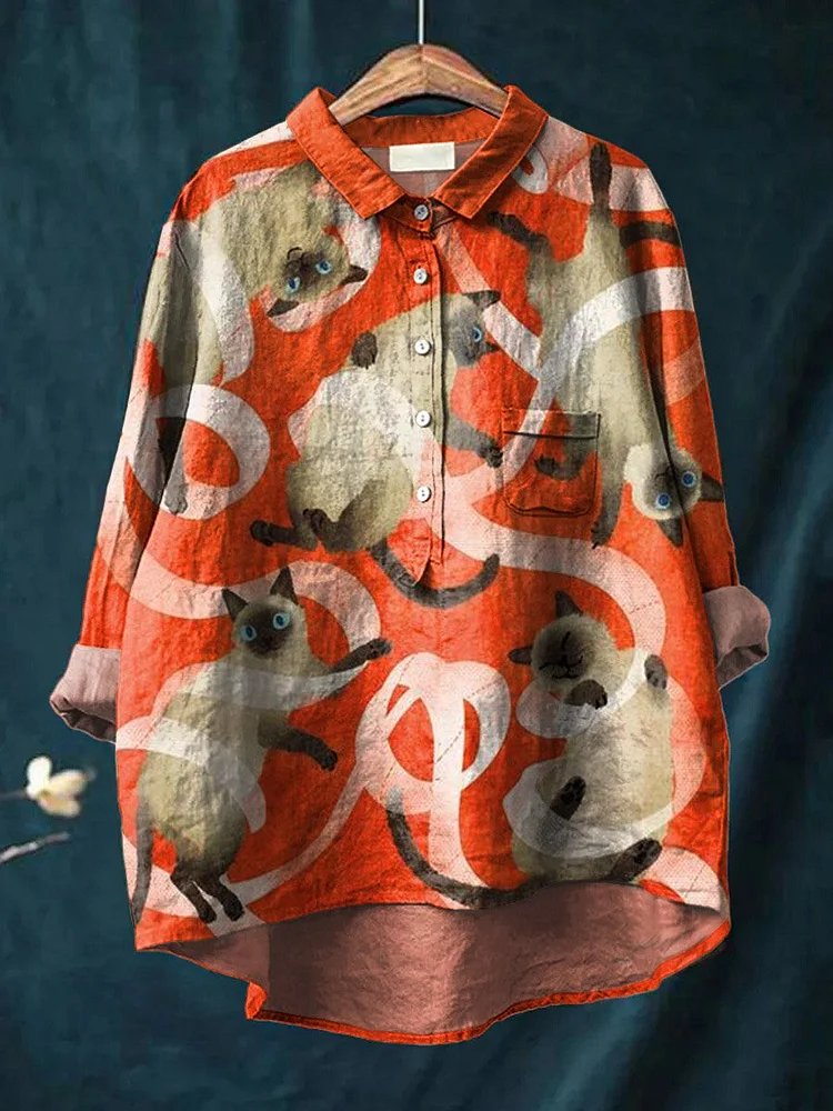 Vintage Funny Cats Art Print Casual Cotton And Linen Shirt