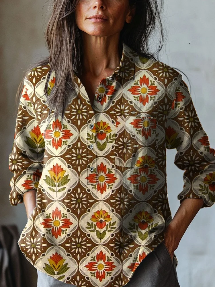 Women's  Flowers Art Print  Casual Cotton And Linen Shirt