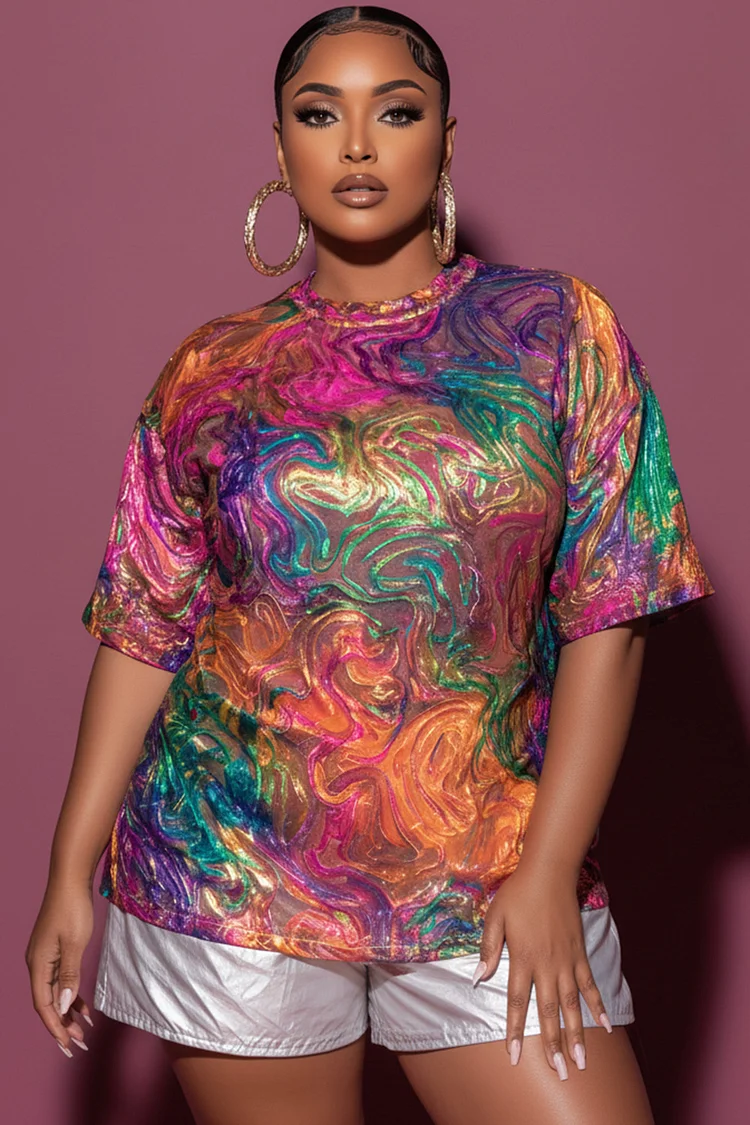 Xpluswear Design Plus Size Mardi Gras Multicolor All Over Print Round Neck Short Sleeve Casual T-Shirts 2024 - Xpluswear