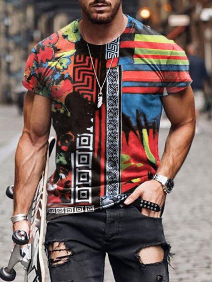 Retro Print Short Sleeve Round Neck T-shirt