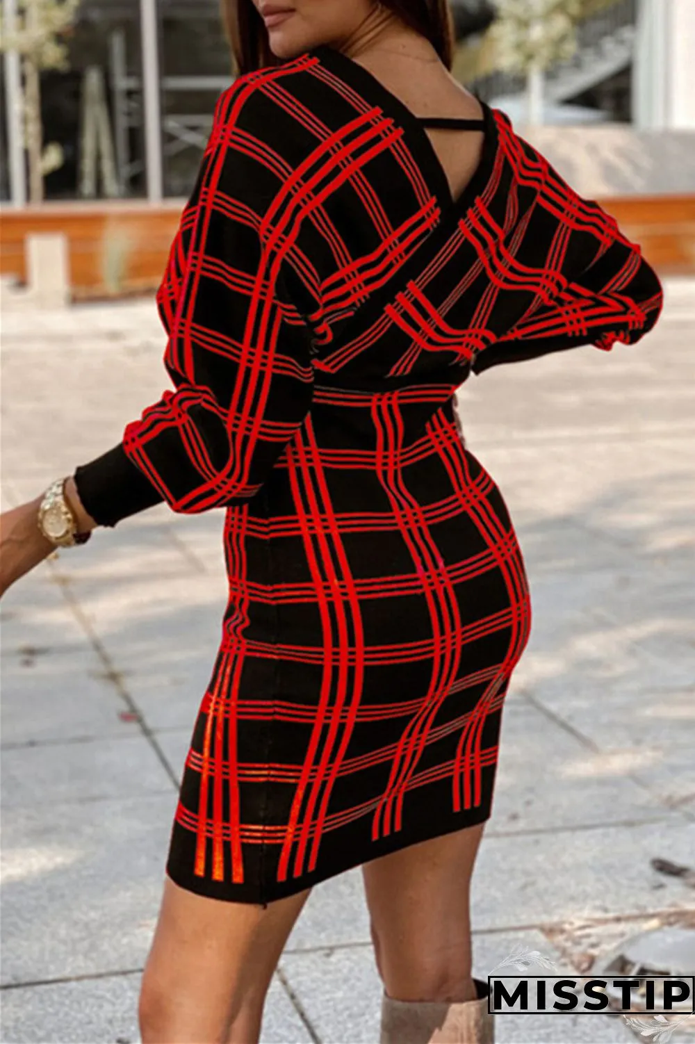 Light Blue Fashion Casual Plaid Print Patchwork V Neck Long Sleeve Dresses