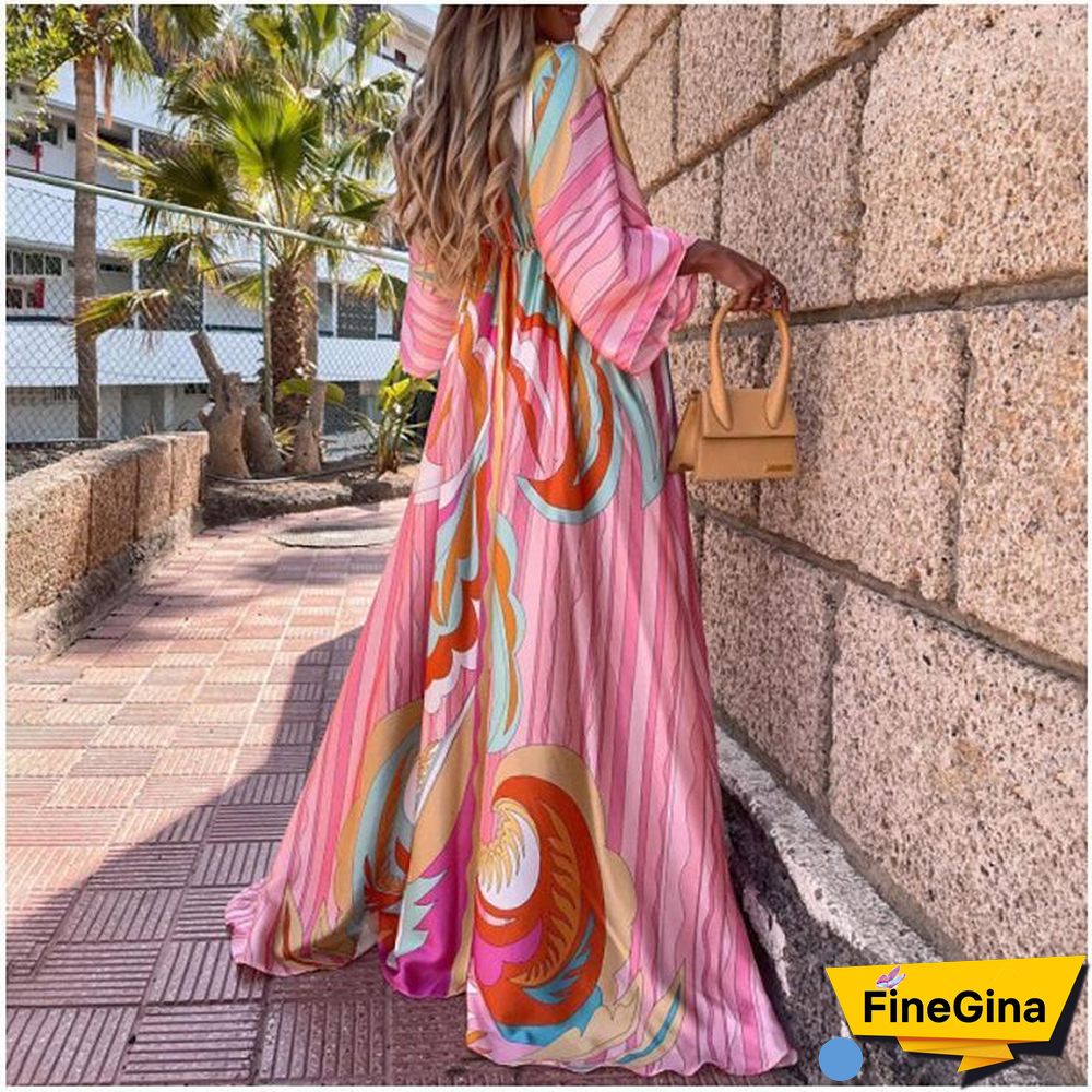 V-Neck Romantic Pink Printed Dress