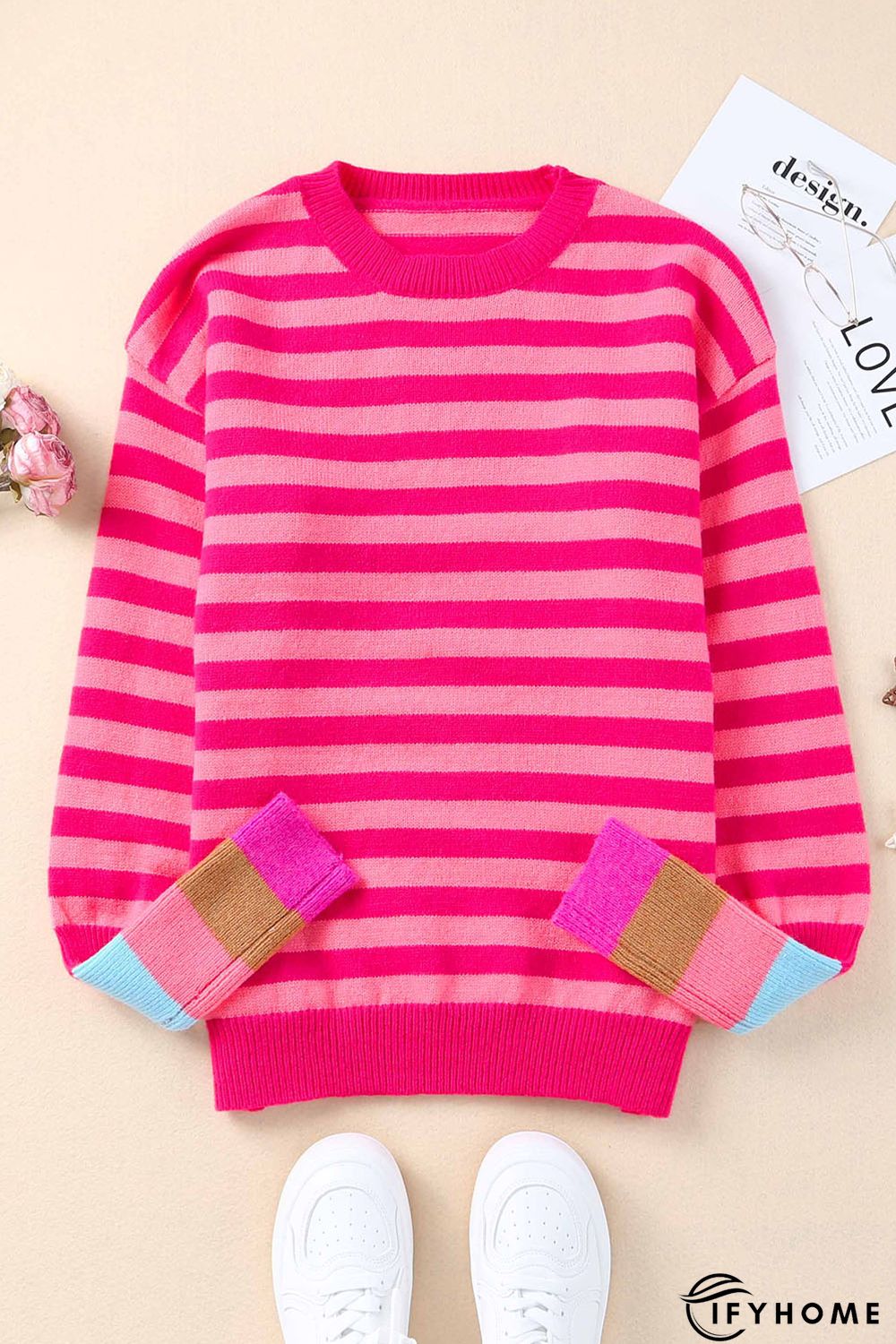 Rose Striped Long Sleeve Pullover Sweater | IFYHOME