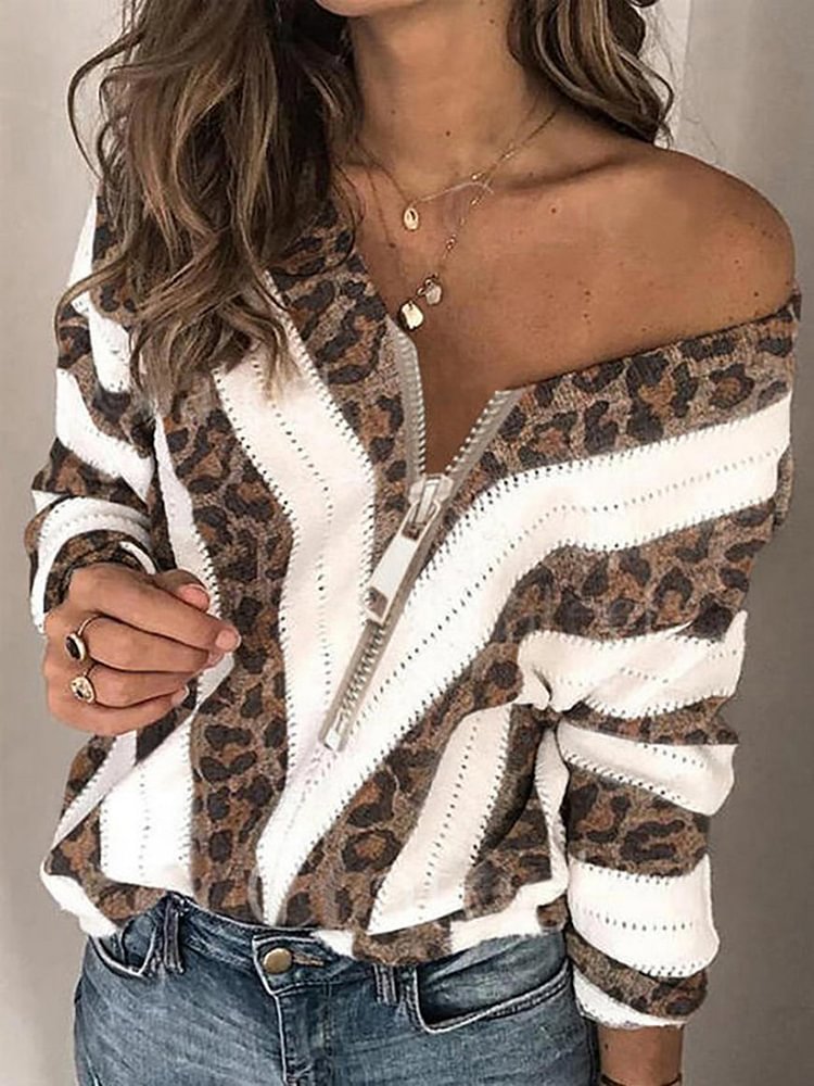 Women's Pullover Color Block Leopard Casual Long Sleeve Sweaters