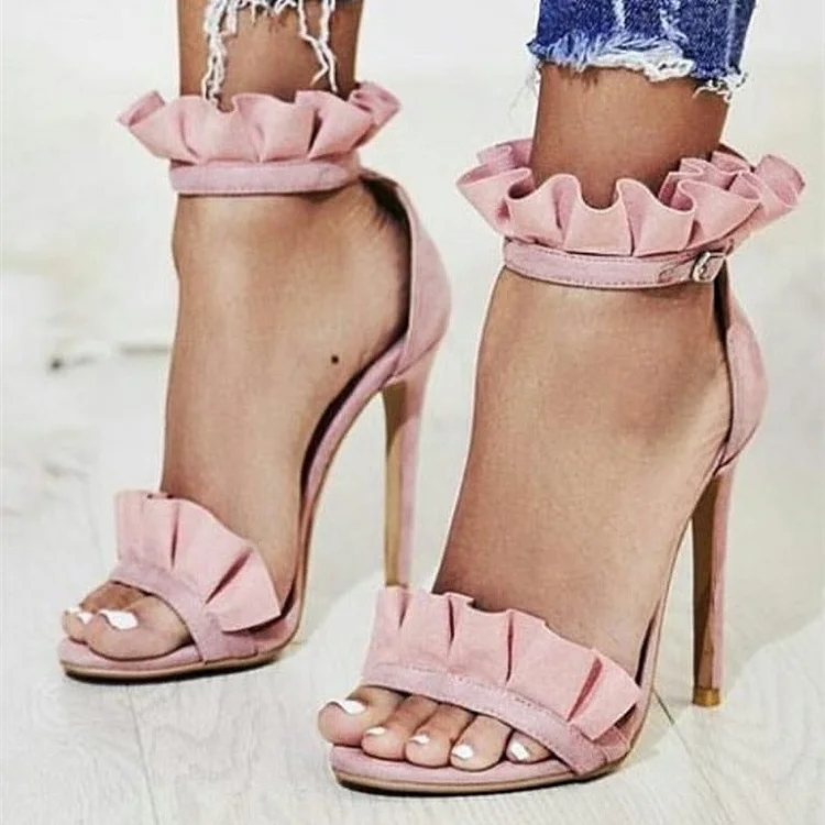 Barbie Pink Vegan Suede Ankle Strap Sandals Open Toe Stiletto Heel Ruffle Sandals |FSJ Shoes