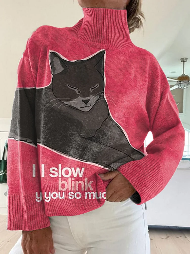 Valentine's Day Cat Art Print Knit Turtleneck Pullover Sweater