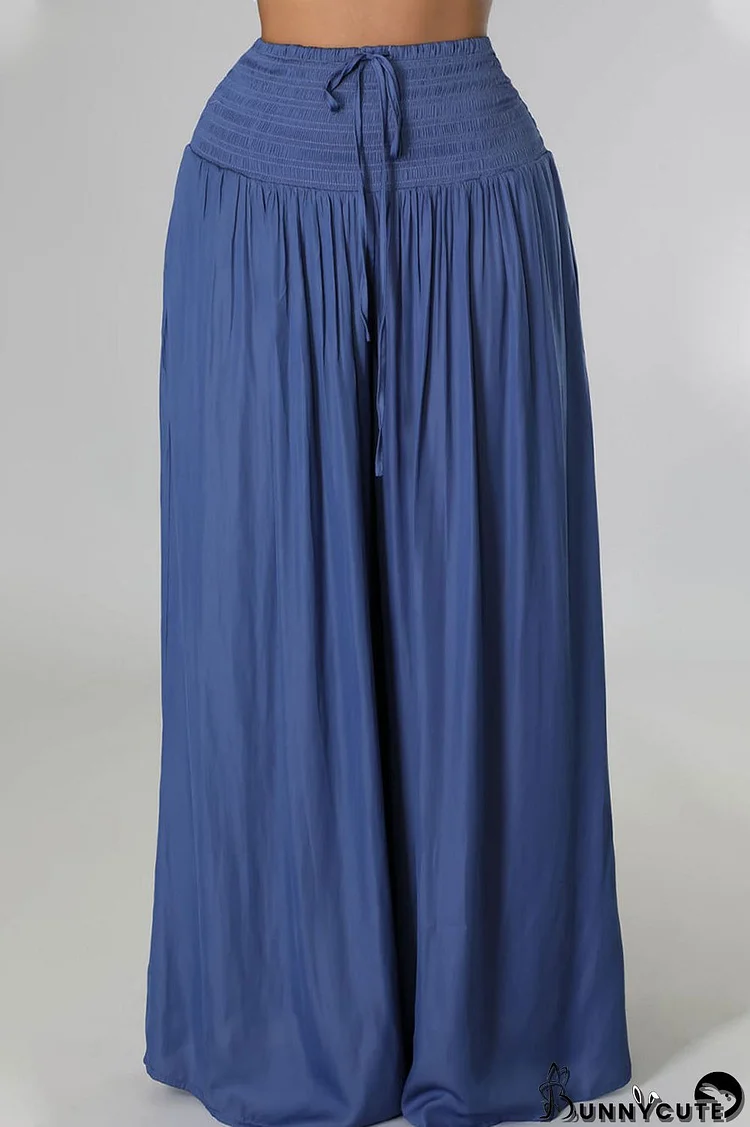 Blue Casual Solid Patchwork Fold High Waist Wide Leg Solid Color Bottoms