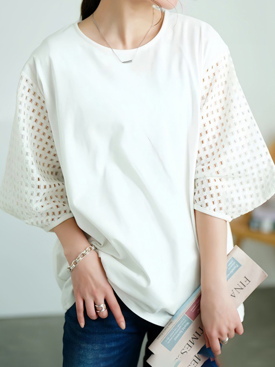 Hollow Out Sleeve Round Neck Solid Color T-shirt