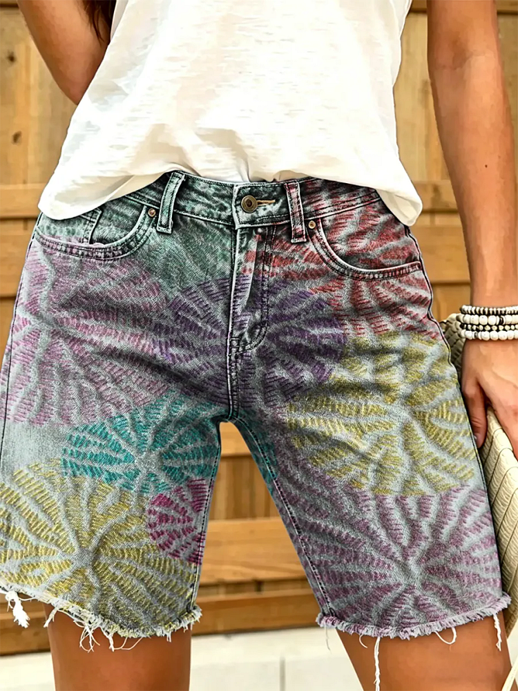 Women's Abstract Floral-print Denim Shorts
