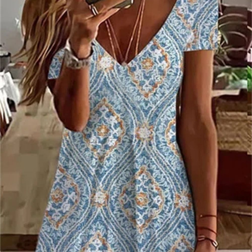 Women Printing Summer V-Neck  A-Line Loose Vintage Dress