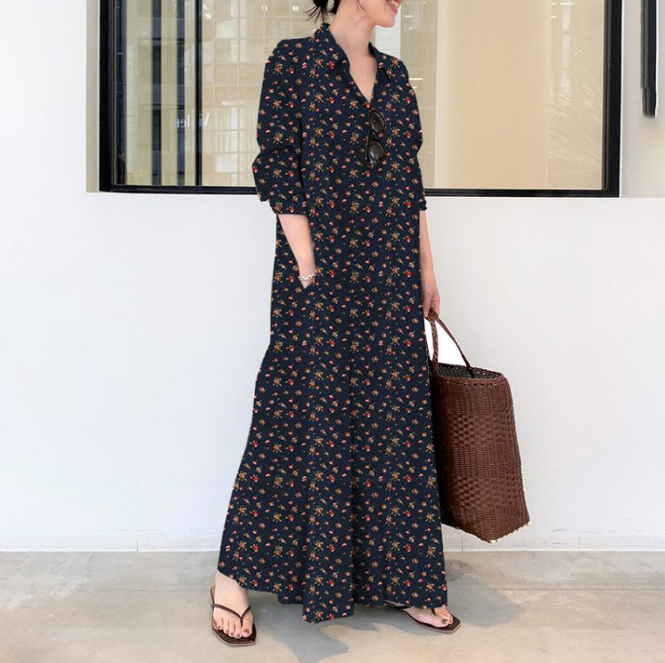 Fashion Print Loose Cotton Linen Party Swing Maxi Dress