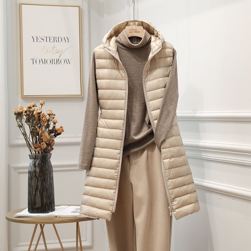 FTLZZ 2020 Winter New Women Ultra Light White Duck Down Jacket Zipper Medium Long Vest Casual Outerwear 4XL Plus Size Down Coat