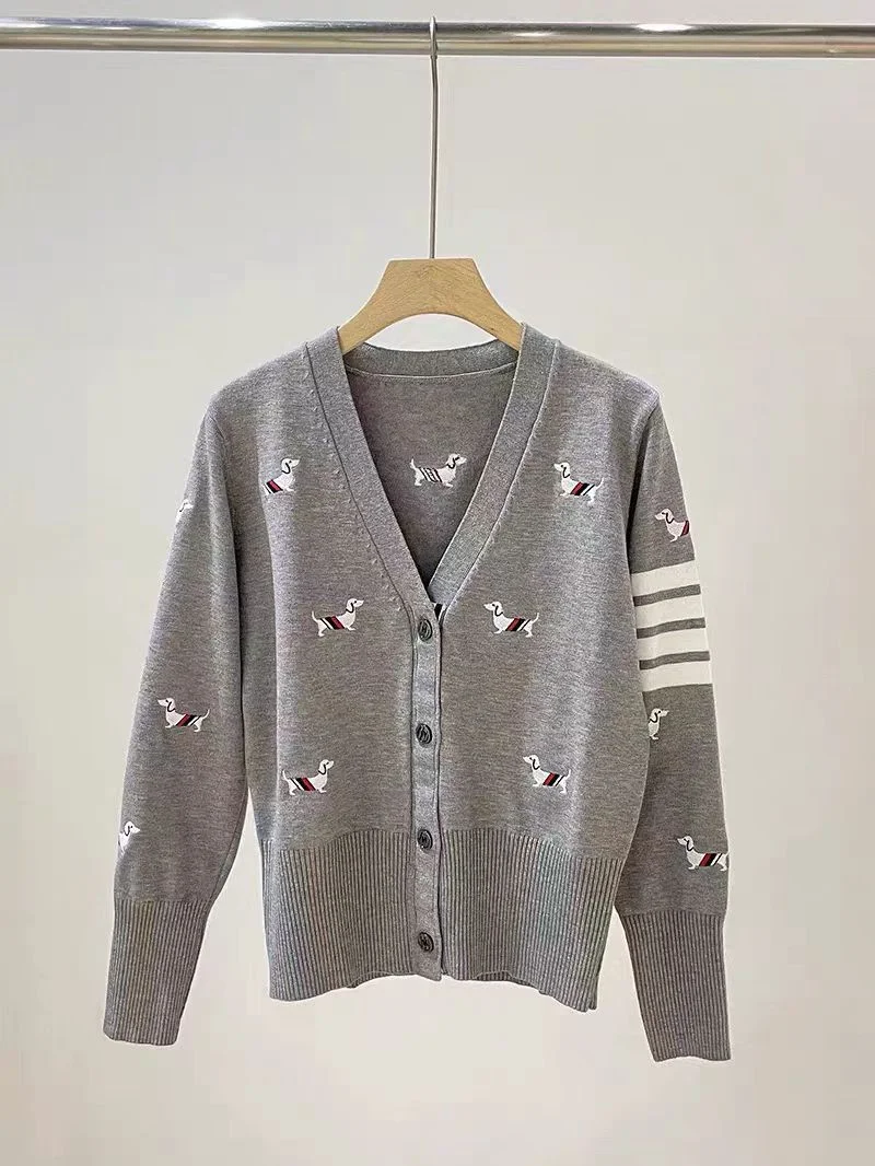 Nigikala Nigikala College Wind Puppy Embroidery V Collar Knitted Cardigan Sweater Coat Four Bar Thin Japanese, South Korea, Japan And South Korea Wind