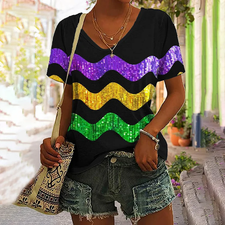 VChics Mardi Gras Printed V-Neck Short Sleeved T-Shirt