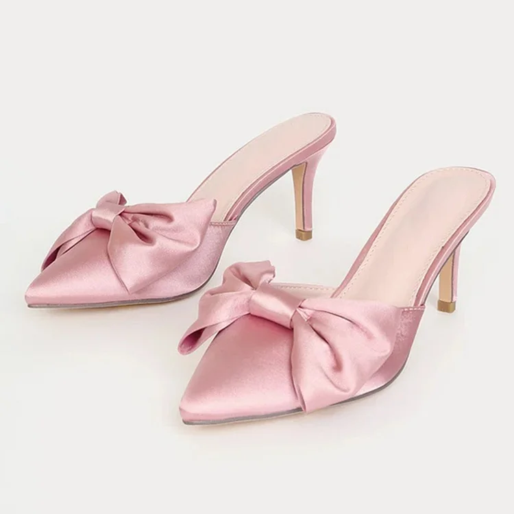 Pink Satin Heel Pointed Pump Mules Women's Classic Bow Heels |FSJ Shoes
