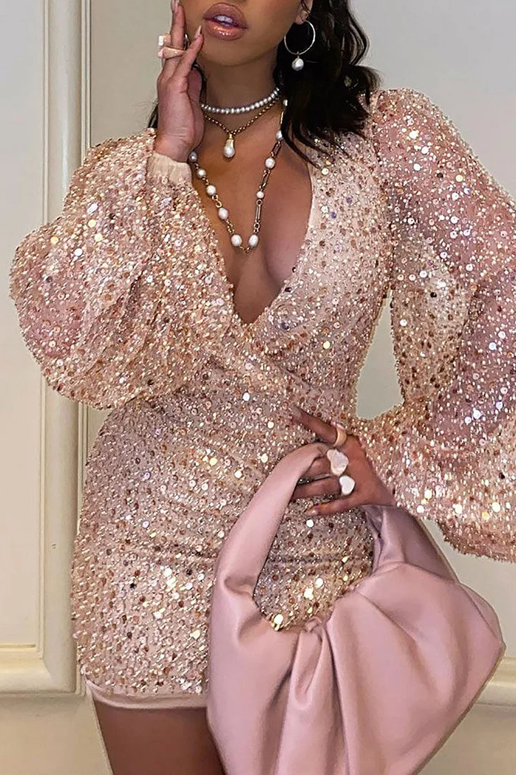 Sequin Puff Sleeve V Neck Birthday Party Bodycon Mini Dresses