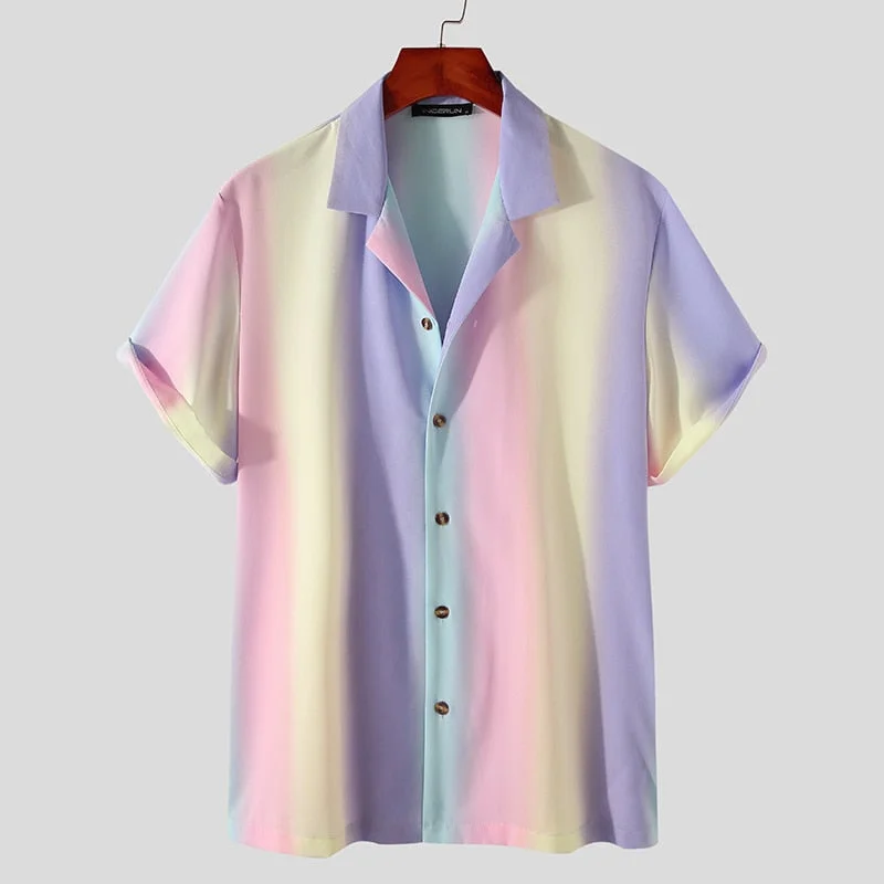 Summer Short Sleeve Turn Down Collar Blouse INCERUN Men Leisure Printing Shirt Man Casual Button Tie Dye Chemise Streetwear 5XL
