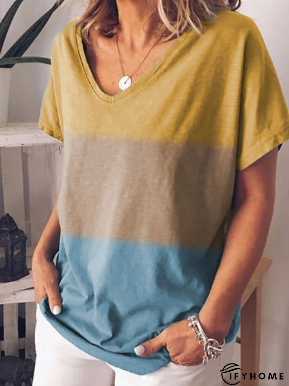 Tie Dye V-Neck Short Women Tunic T-Shirt | IFYHOME