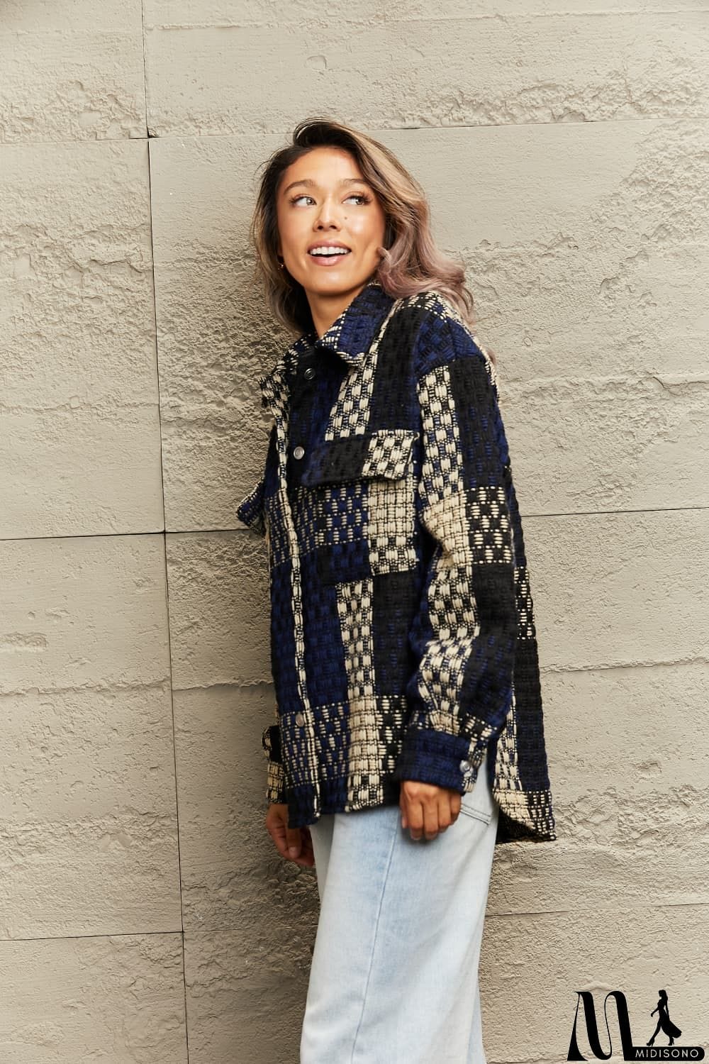 MidiSono - Plaid Collared Neck Drop Shoulder Jacket