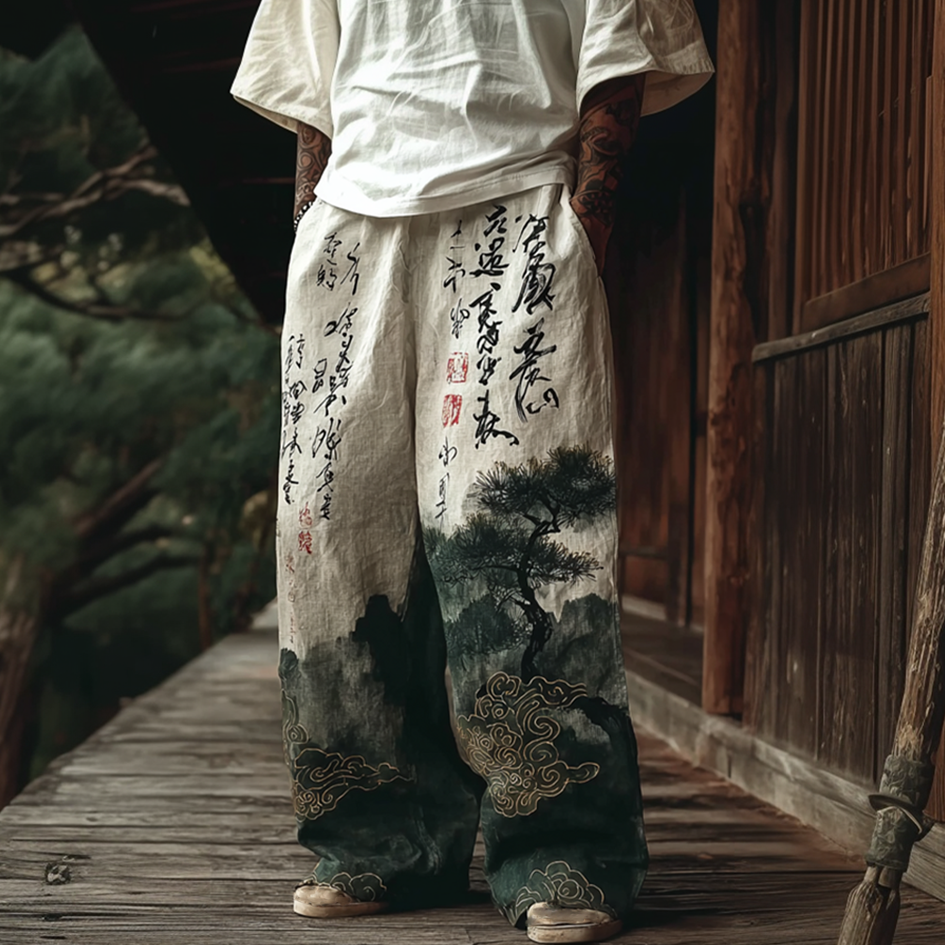 Japanese Art Retro Ink Painting Pattern Design Men's Casual Linen Long Pants elevenforest