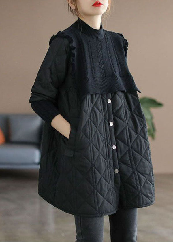 VCSHOES Black Stand Collar Knit Patchwork Cotton Filled Winter Coats