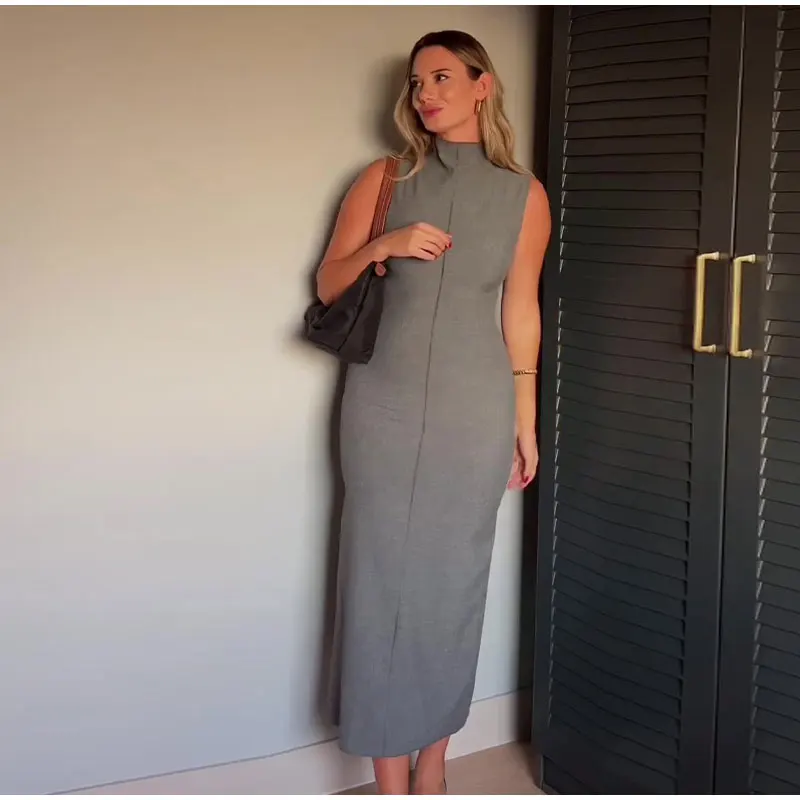 Ootddress Sleeveless Split Patchwork Long Dress Female Straight Solid Slim High Waist Zipper Maxi Dress Autumn 2025 Turtleneck Dress