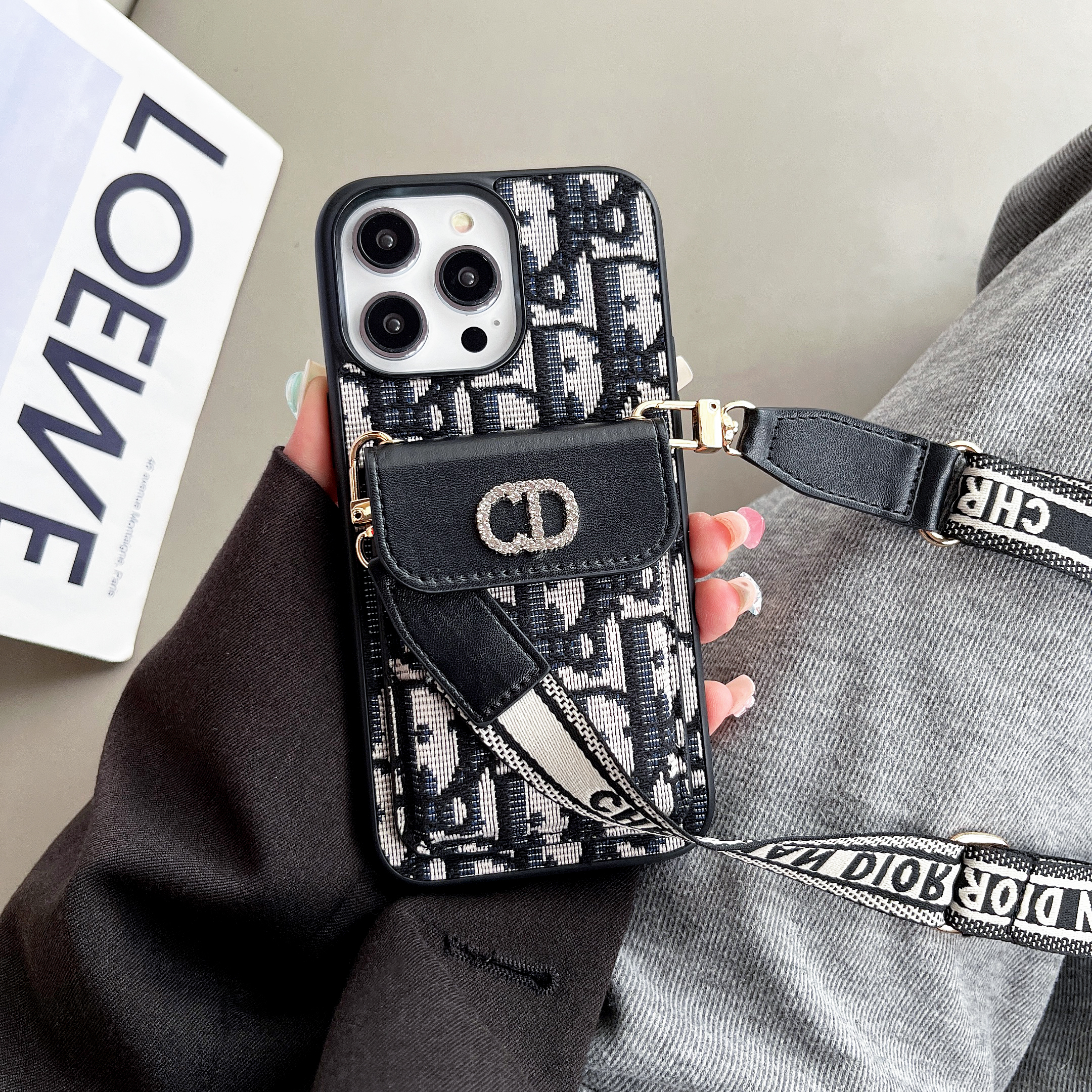 Dior Jacquard Fabric Leather Card Holder iPhone Cover Galaxy Houndstooth Case