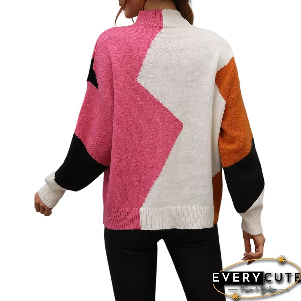 Rosy Color Block Crew Neck Knit Pullover Sweater