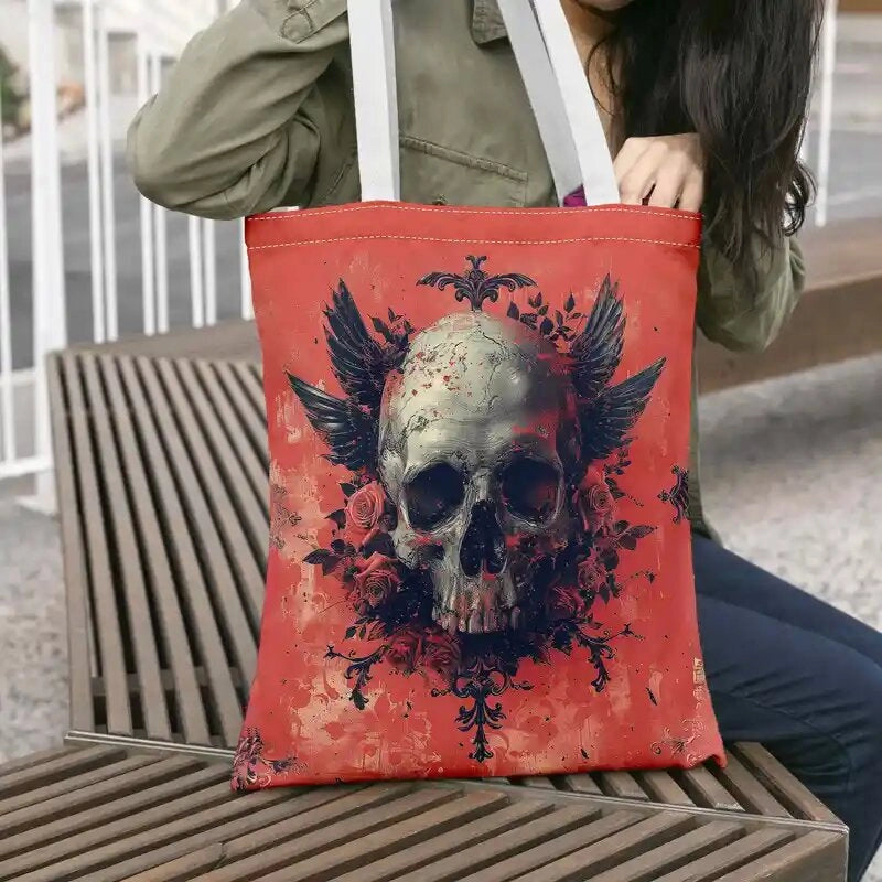 Halloween Women’s Cotton Flower Skull Streetwear Square Open Shoulder Bag
