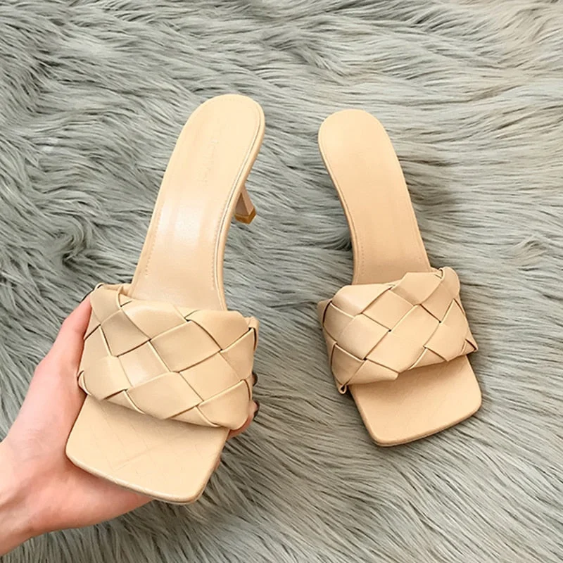 2021 Women Slippers 6cm High Heels Weave Design Summer Open Toe Solid Color Sandals Stiletto Heels Luxury Prom Woman Shoes