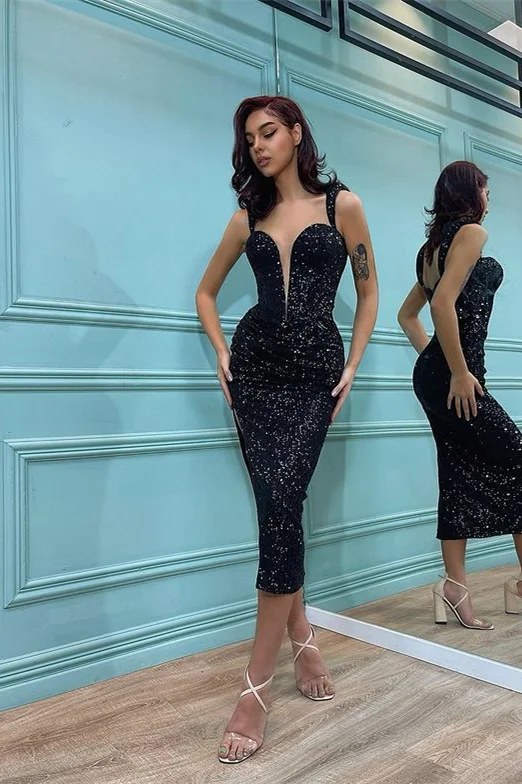 Modern Black Sequins Straps Prom Dress Mermaid Sheath - lulusllly
