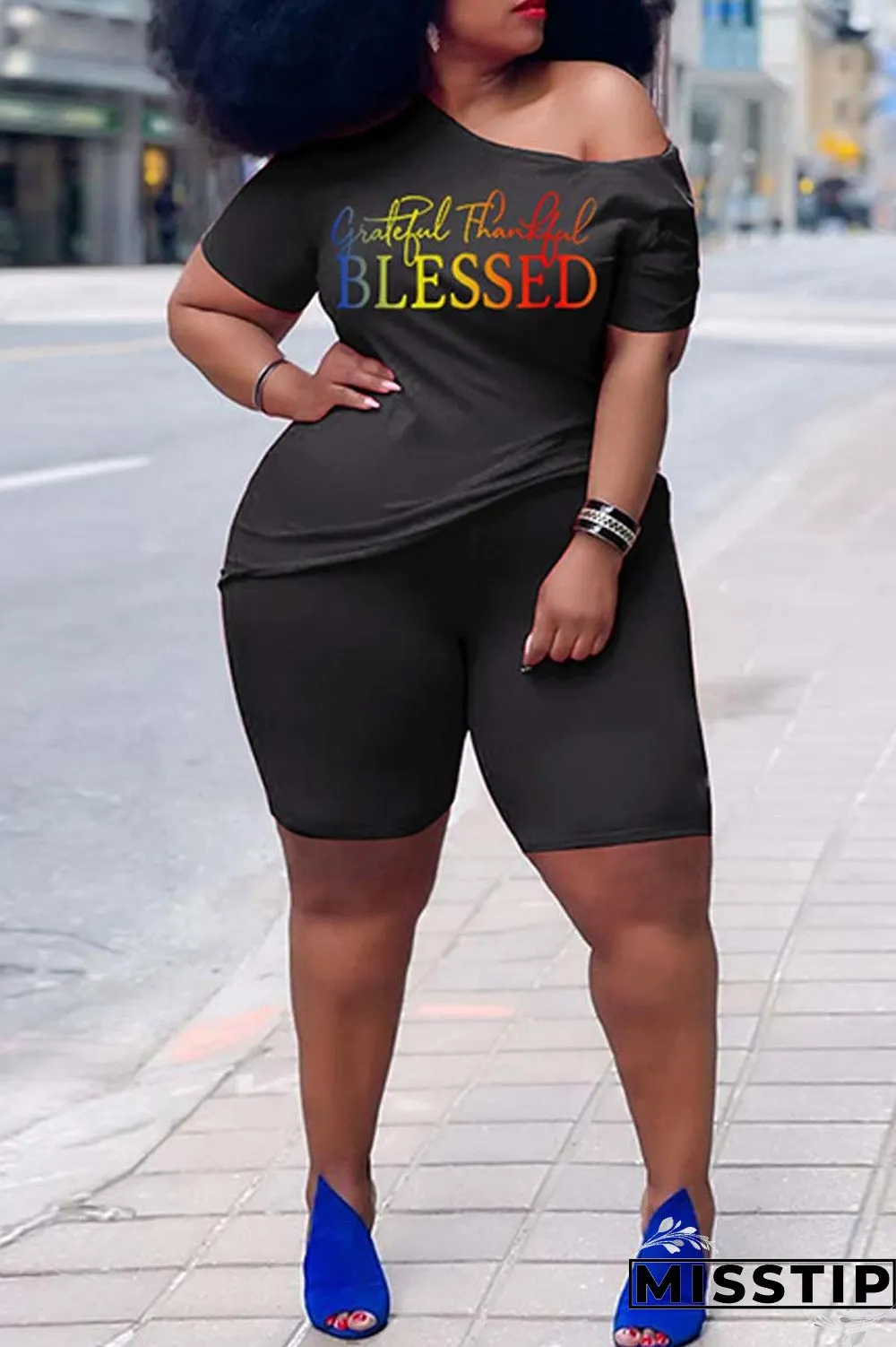 Orange Casual Print Basic Oblique Collar Plus Size Two Pieces