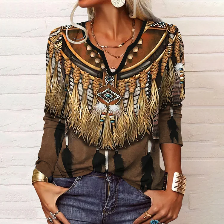 Western 3D Tassels Feather Printed Long Sleeve T-Shirt